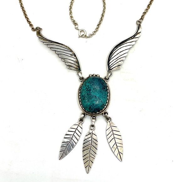 Vtg Genuine Spiderweb Turquoise 925 Sterling Silver Bib Necklace NA - Picture 7 of 9